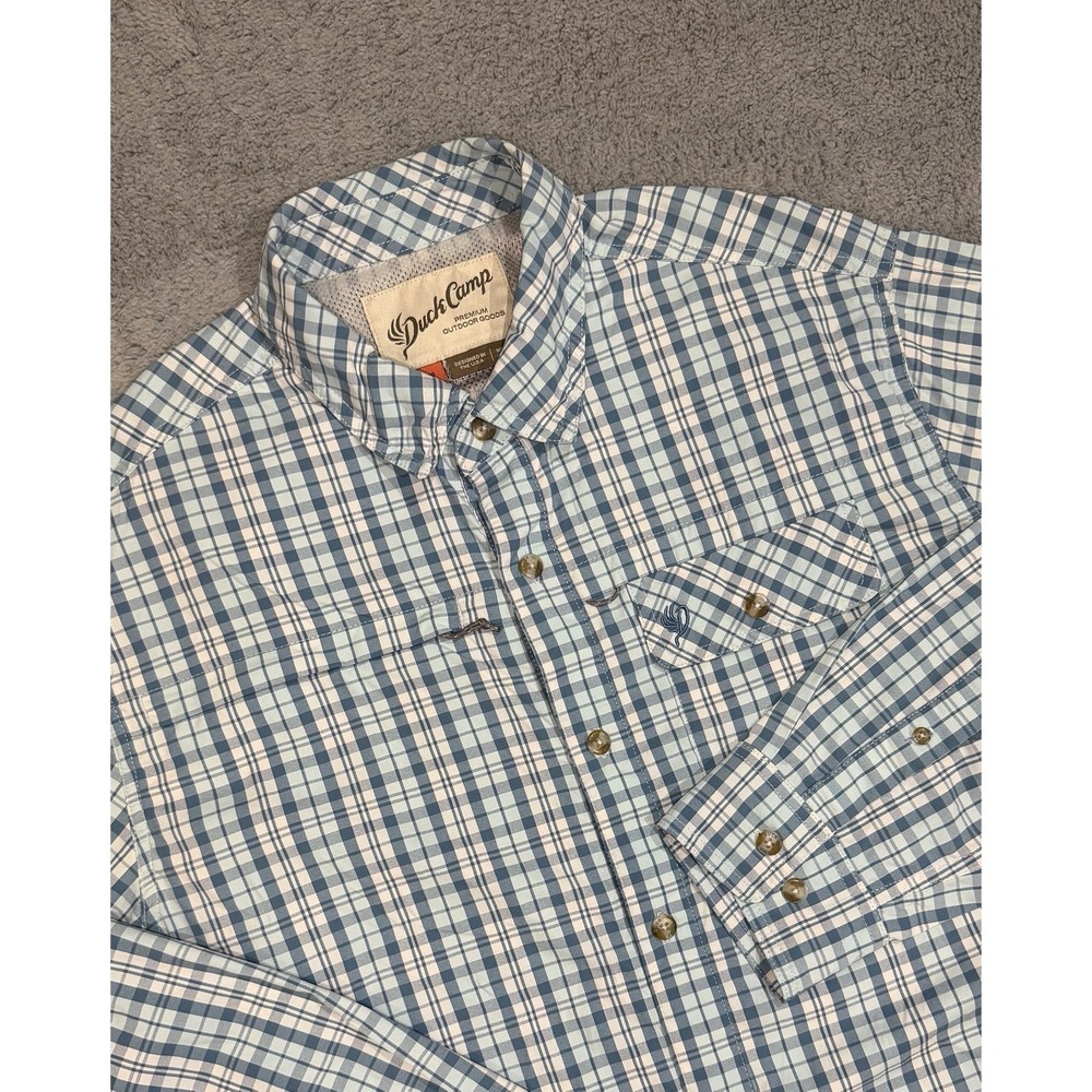 Duck Camp Outdoor Goods Fishing Shirt Men's XL Plaid Vented USA Teal/Ocean Blue